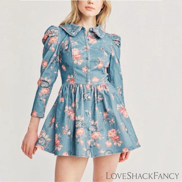 LOVESHACKFANCY **NWT** Beyers Corduroy Mini Dress in Faded Denim Floral - Picture 1 of 16